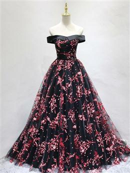 Picture of Pretty Black Color Long Floral Lace Party Dresses, Off Shoulder Prom Dresses